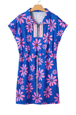 Purple Pop of Color Quarter Zip Collar Drawstring Waist Floral Mini Dress