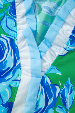 Bright Green Floral Print Ruffle Puff Sleeve Pop of Color Neckline Blouse