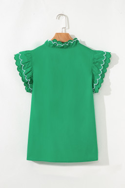 Bright Green Scallop Trim V Neck Layered Short Sleeve Blouse