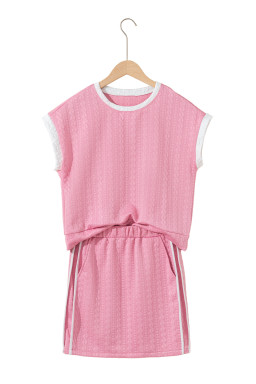 Pink Contrast Trim Textured Crewneck Top and Pocketed Skirt Set