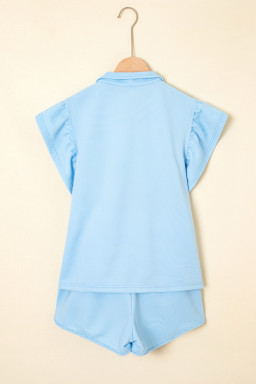 Beau Blue Flutter Sleeve Pop of Color Neckline Top and Shorts Set
