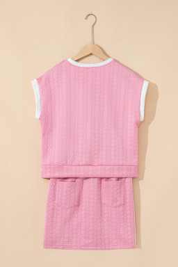 Pink Contrast Trim Textured Crewneck Top and Pocketed Skirt Set