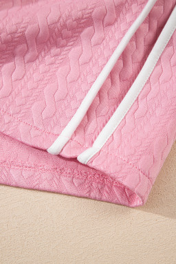 Pink Contrast Trim Textured Crewneck Top and Pocketed Skirt Set