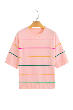 Pink Striped Half Sleeve Drop Shoulder Sweater
