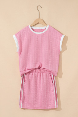 Pink Contrast Trim Textured Crewneck Top and Pocketed Skirt Set