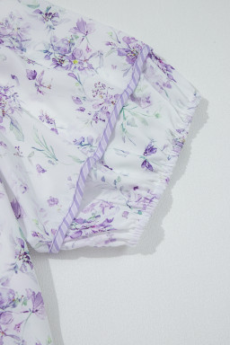 Purple Floral Print Split Neck Plus Size Top