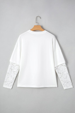 White Fake Two-Piece Lace Long Sleeve Drop Shoulder Tee