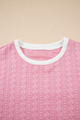 Pink Contrast Trim Textured Crewneck Top and Pocketed Skirt Set