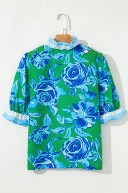 Bright Green Floral Print Ruffle Puff Sleeve Pop of Color Neckline Blouse