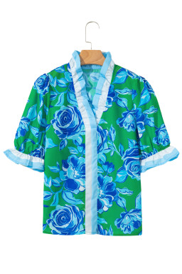 Bright Green Floral Print Ruffle Puff Sleeve Pop of Color Neckline Blouse
