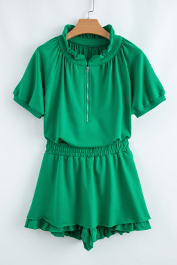 Sea Green Half Zip Puff Sleeve Top and Ruffle Shorts Set