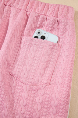 Pink Contrast Trim Textured Crewneck Top and Pocketed Skirt Set