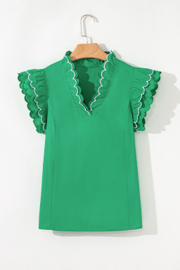 Bright Green Scallop Trim V Neck Layered Short Sleeve Blouse