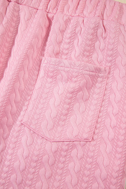 Pink Contrast Trim Textured Crewneck Top and Pocketed Skirt Set