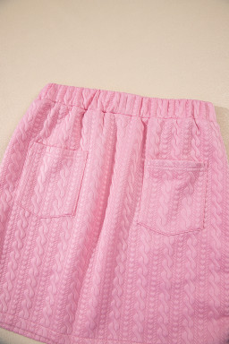 Pink Contrast Trim Textured Crewneck Top and Pocketed Skirt Set