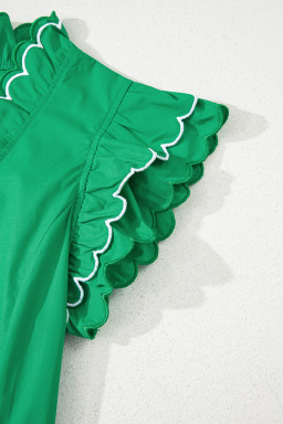 Bright Green Scallop Trim V Neck Layered Short Sleeve Blouse