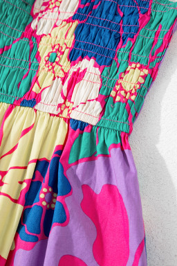 Purple Floral Print Shirred Spaghetti Strap Loose Maxi Dress
