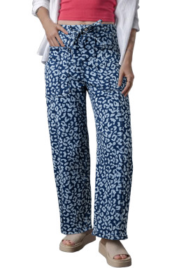 Blue Leopard Printed Drawstring Elastic Waistband Pocketed Barrel Jeans