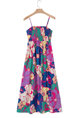 Purple Floral Print Shirred Spaghetti Strap Loose Maxi Dress