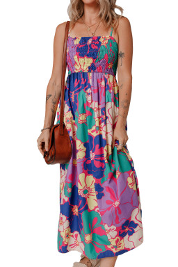 Purple Floral Print Shirred Spaghetti Strap Loose Maxi Dress