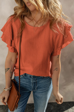 Orange Crinkled Ruffle Sleeve Blouse