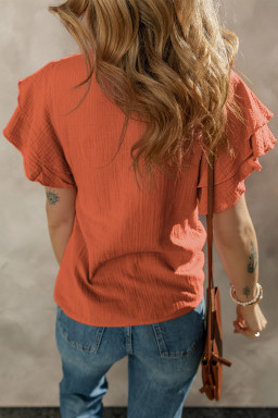 Orange Crinkled Ruffle Sleeve Blouse