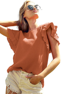 Orange Crinkled Ruffle Sleeve Blouse