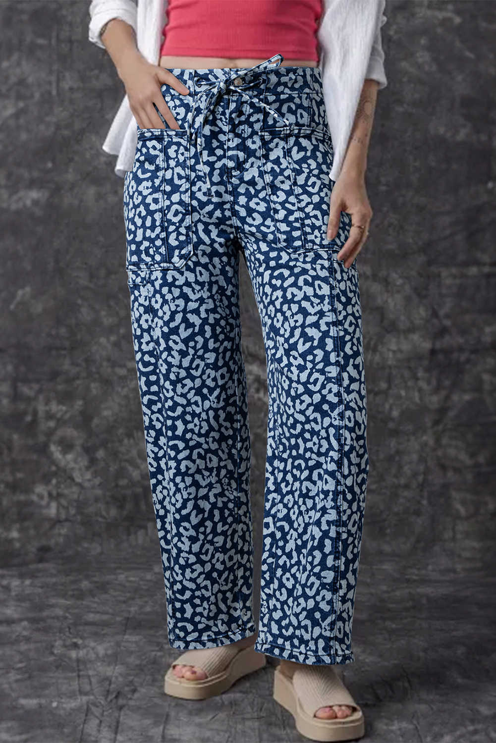 Blue Leopard Printed Drawstring Elastic Waistband Pocketed Barrel Jeans