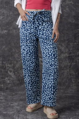 Blue Leopard Printed Drawstring Elastic Waistband Pocketed Barrel Jeans