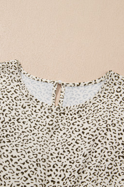 Beige Plus Size Leopard Print Frill Trim Short Sleeve Flared Dress