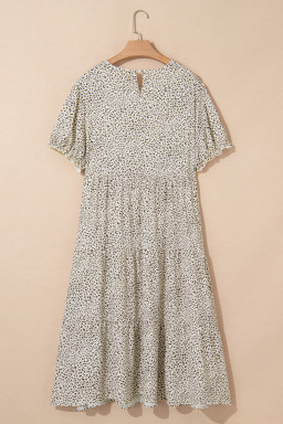 Beige Plus Size Leopard Print Frill Trim Short Sleeve Flared Dress