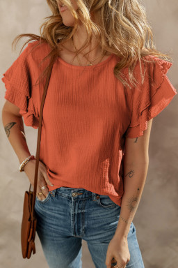 Orange Crinkled Ruffle Sleeve Blouse
