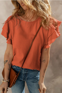 Orange Crinkled Ruffle Sleeve Blouse