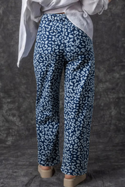 Blue Leopard Printed Drawstring Elastic Waistband Pocketed Barrel Jeans