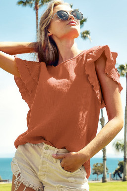 Orange Crinkled Ruffle Sleeve Blouse