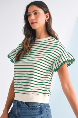 Green Stripe Scallop Lace Trim Ruffle Sleeve Crewneck Top