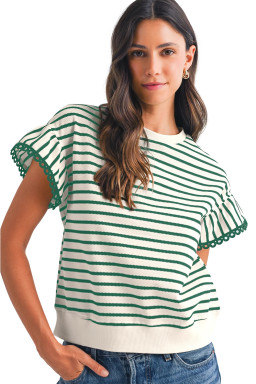 Green Stripe Scallop Lace Trim Ruffle Sleeve Crewneck Top