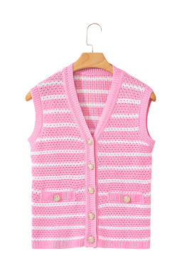 Pink Striped V Neck Button Knit Vest