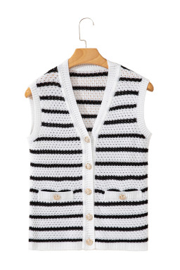 Black Striped V Neck Button Knit Vest
