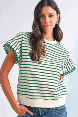 Green Stripe Scallop Lace Trim Ruffle Sleeve Crewneck Top