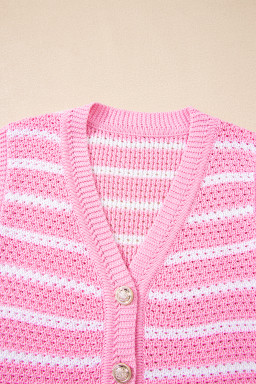 Pink Striped V Neck Button Knit Vest