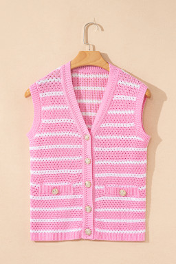 Pink Striped V Neck Button Knit Vest