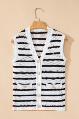 Black Striped V Neck Button Knit Vest