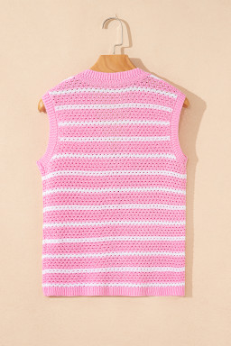 Pink Striped V Neck Button Knit Vest