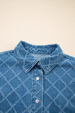 Dusk Blue Checkered Textured Short Sleeve Pocket Denim Shirt