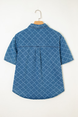 Dusk Blue Checkered Textured Short Sleeve Pocket Denim Shirt