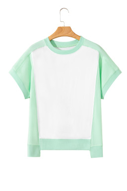 Light Green Colorblock Exposed Seam Patchwork Crew Neck T Shirt