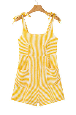 Yellow Stripe Tie Strap Smocked Back Wide Leg Romper