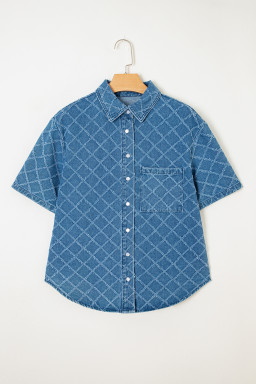 Dusk Blue Checkered Textured Short Sleeve Pocket Denim Shirt