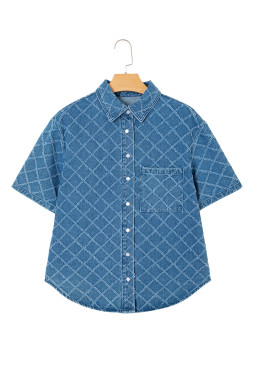 Dusk Blue Checkered Textured Short Sleeve Pocket Denim Shirt